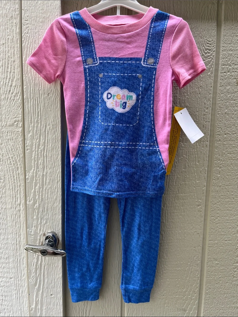 Rachel Pink Tee with Blue Overall-Print Top and Blue Leggings Set